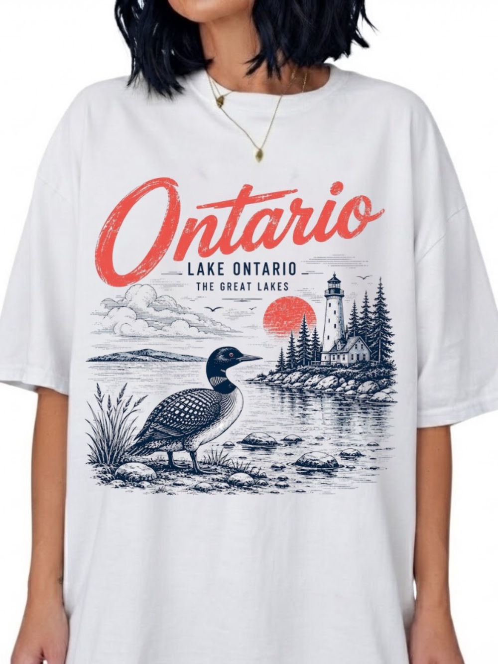 Ontario Lake Ontario The Great Lakes Loon Bird Lighthouse Vintage White T-Shirt